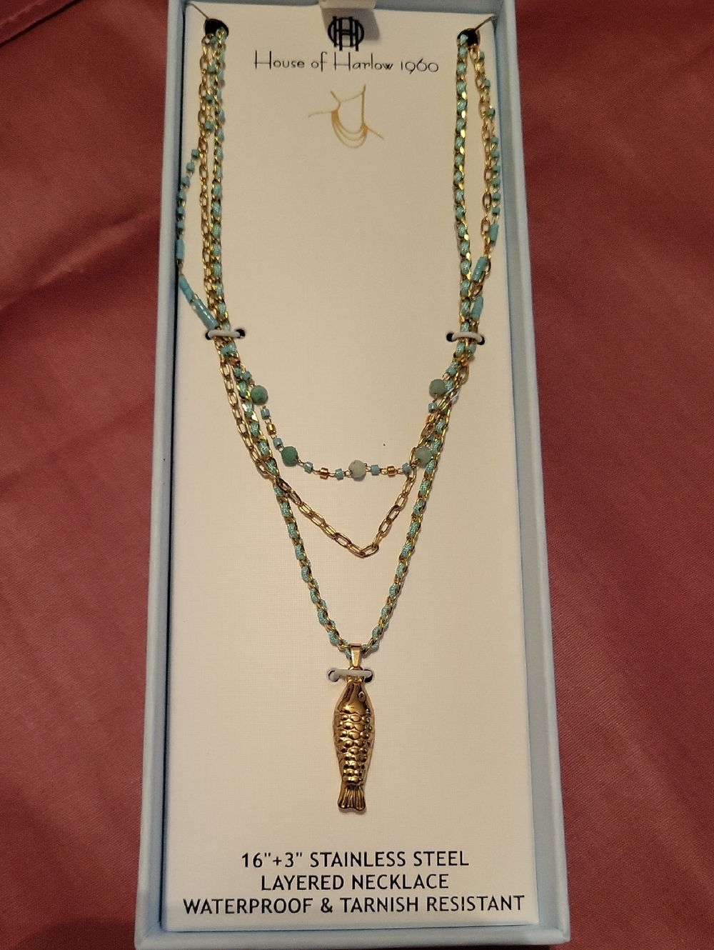 House of Harlow 1960 Gold and Turquoise Layered Fish Charm Necklace
